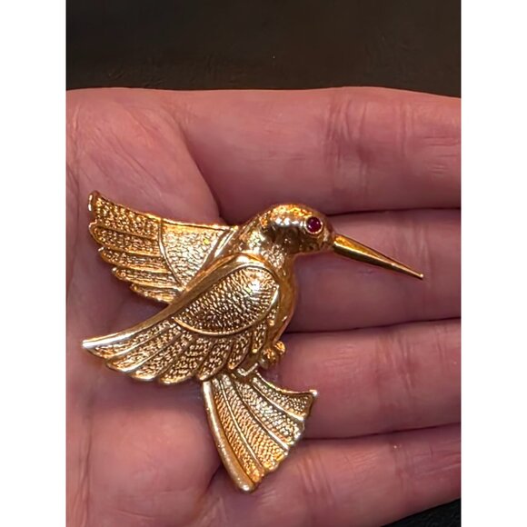 Gold-Tone Hummingbird Pin Brooch With Red Eye Detail - Picture 2 of 8